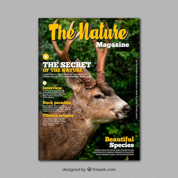 Vettore gratuito modello di copertina della rivista natura con foto