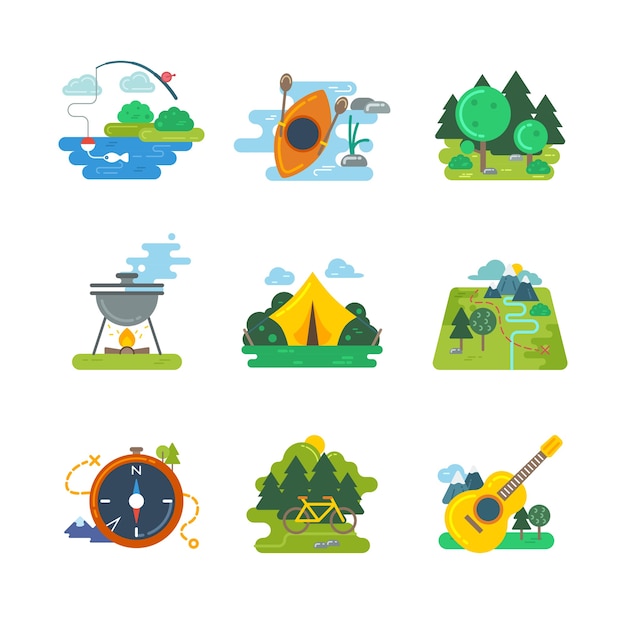 Nature, outdoor and forest activites. Outdoor adventure, hiking and orienteering, biking travel, vector illustration