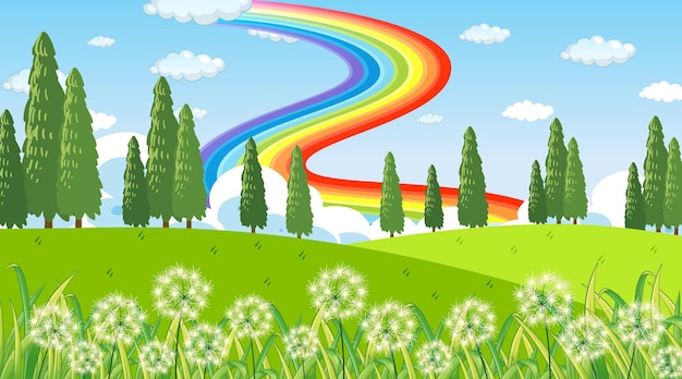 Бесплатное векторное изображение Фон сцены природного парка с радугой в небе