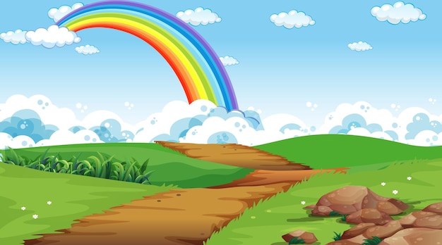 Free vector nature park scene background with rainbow in the sky