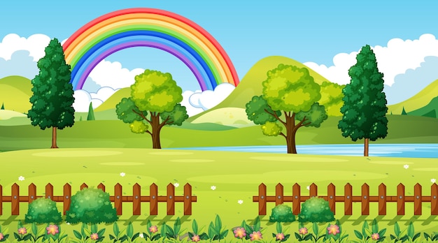 Vettore gratuito sfondo di scena del parco naturale con arcobaleno nel cielo