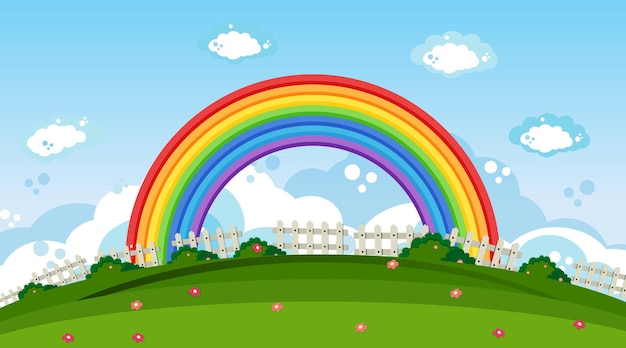 Free vector nature park scene background with rainbow in the sky