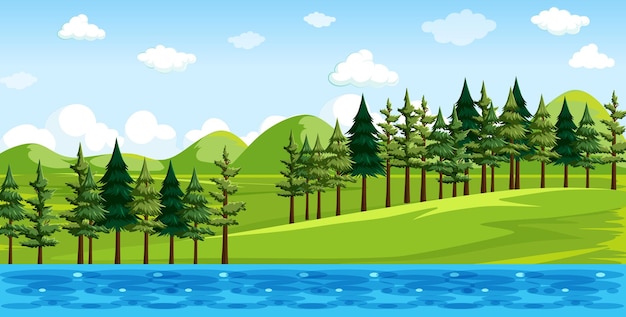 Free vector nature park with river side landscape scene