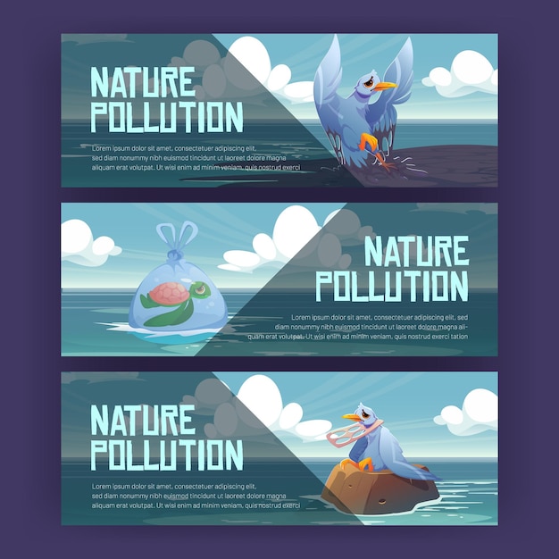 Free vector nature pollution cartoon banners wild animals suffer of plastic garbage and oil in ocean and sea water gull and turtle stuck in trash and wastes ecology environment contamination vector concept