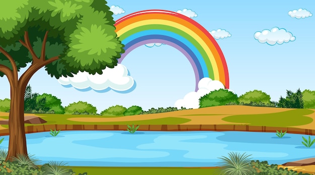 Nature scene background with rainbow in the sky