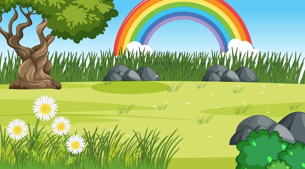 Free vector nature scene background with rainbow in the sky