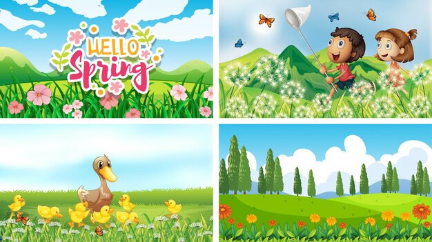 Nature scene backgrounds with kids and animals in the park