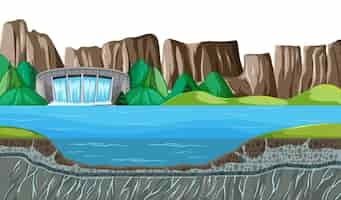 Free vector nature scene landscape with underwater of dam