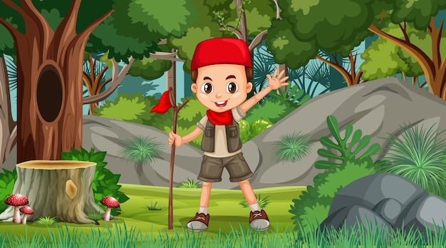 森の中を探索するイスラム教徒の少年の漫画のキャラクターと自然のシーン