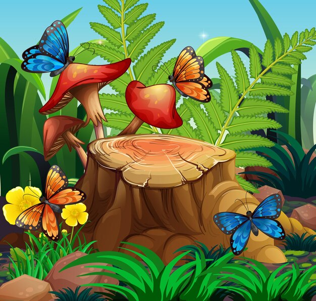 Nature scene with butterflies and mushroom