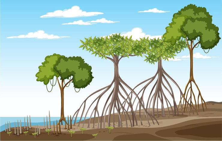 Free Vector nature scene with mangrove forest in cartoon style