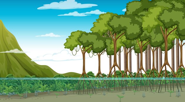 漫画風の昼間のマングローブの森と自然シーン