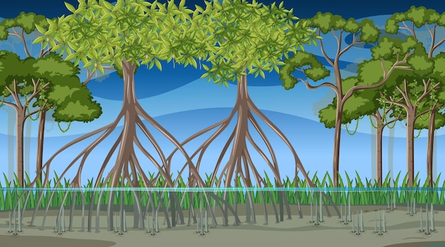 Free vector nature scene with mangrove forest at night in cartoon style