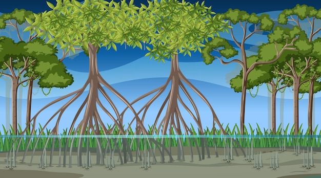 만화 스타일의 밤에 맹그로브 숲이 있는 자연 장면