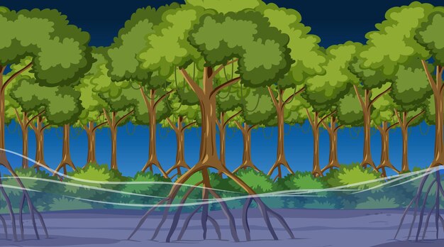 漫画風の夜のマングローブの森と自然シーン
