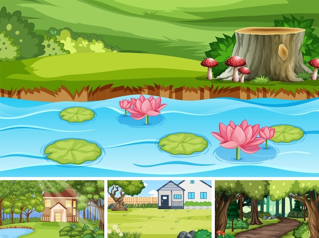 Free vector nature scene with many trees and pond