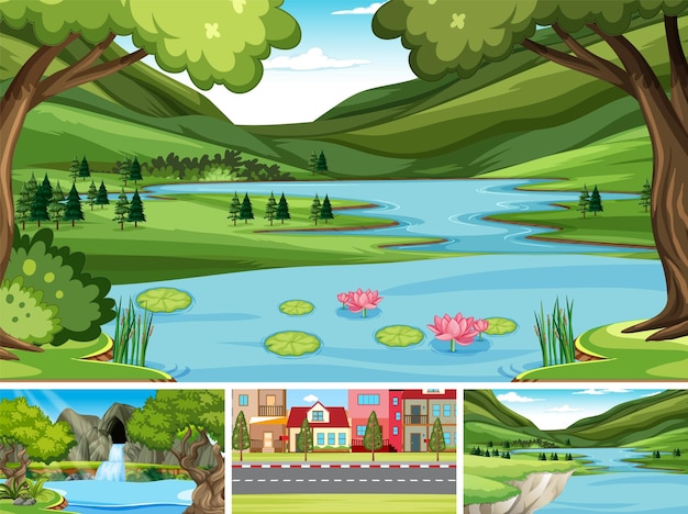 Free vector nature scene with many trees and river