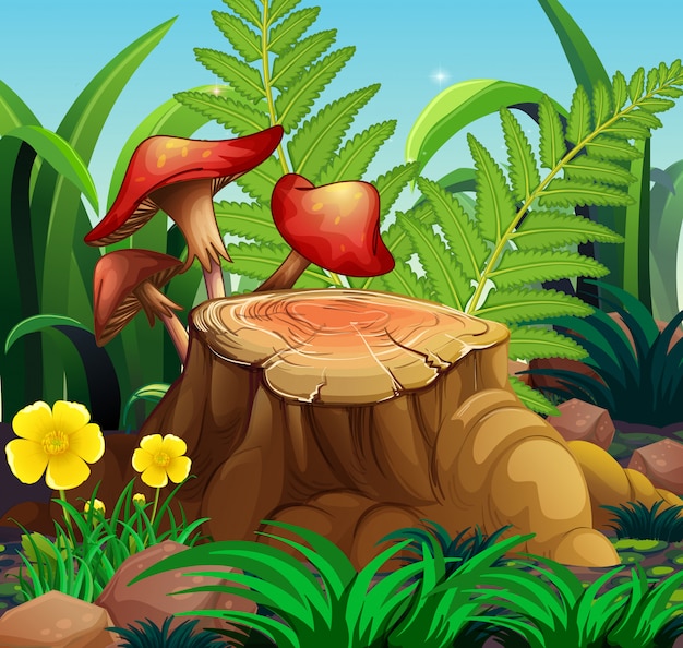 Free vector nature scene with mushrooms and log