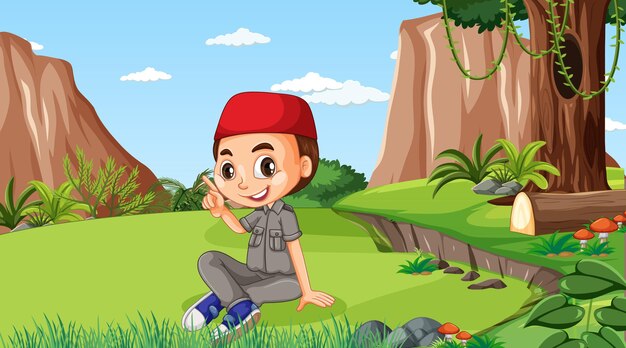 Nature scene with a muslim boy cartoon character exploring in the forest