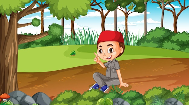 Scena della natura con un personaggio dei cartoni animati di un ragazzo musulmano che esplora nella foresta