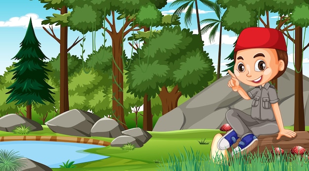 숲에서 탐험하는 이슬람 소년 만화 캐릭터와 함께 자연 장면