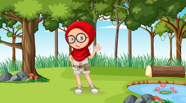 Nature scene with a muslim girl cartoon character exploring in the forest