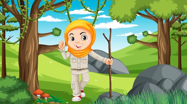 Nature scene with a muslim girl cartoon character exploring in the forest