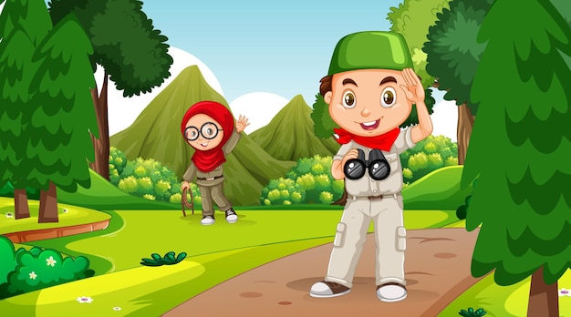 Free vector nature scene with muslim kids exploring in the forest