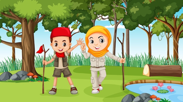 Nature scene with muslim kids exploring in the forest