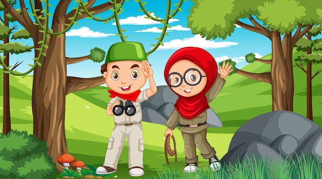 Сцена природы с мусульманскими детьми, исследующими лес