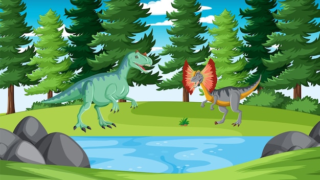 Free vector nature scene with pond and dinosaur