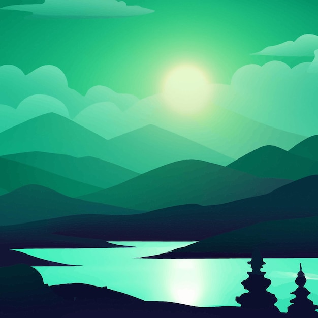 川と丘,森と山,風景の平らな漫画スタイルのイラスト