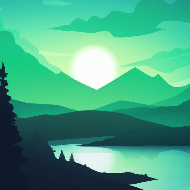 Nature scene with river and hills, forest and mountain, landscape flat cartoon style illustration