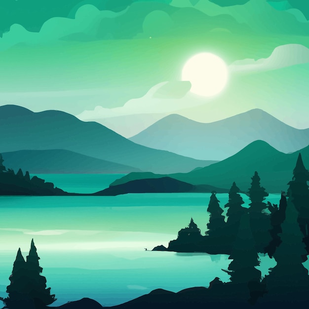 Free vector nature scene with river and hills, forest and mountain, landscape flat cartoon style illustration