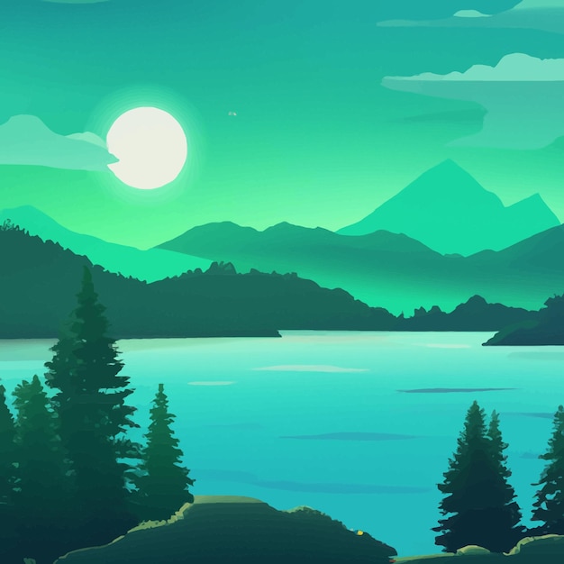 Nature scene with river and hills, forest and mountain, landscape flat cartoon style illustration