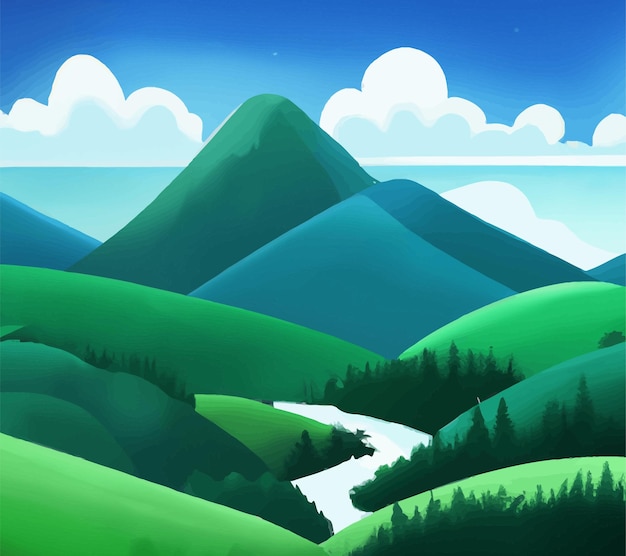 Free Vector | Nature scene with river and hills, forest and mountain, landscape flat cartoon style illustration Free Vector | Nature scene with river and hills, forest and mountain, landscape flat cartoon style illustration
