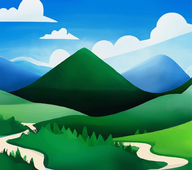 Nature scene with river and hills, forest and mountain, landscape flat cartoon style illustration