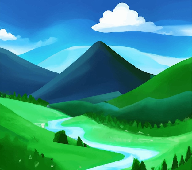 Free vector nature scene with river and hills, forest and mountain, landscape flat cartoon style illustration