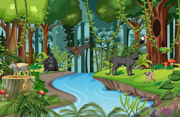 Сцена природы с ручьем, текущим через лес с дикими животными