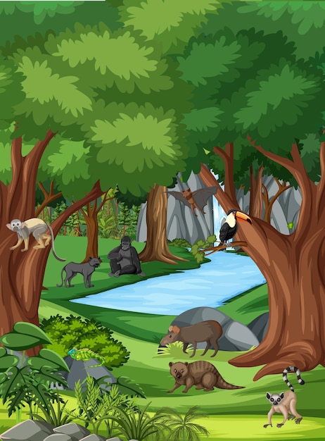 Free vector nature scene with stream flowing through the forest with wild animals