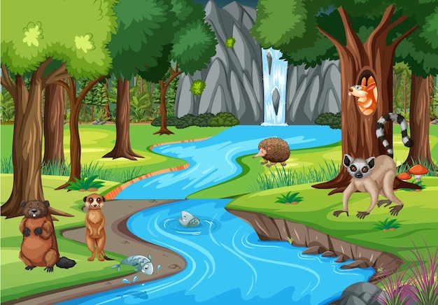 Free vector nature scene with stream flowing through the forest with wild animals