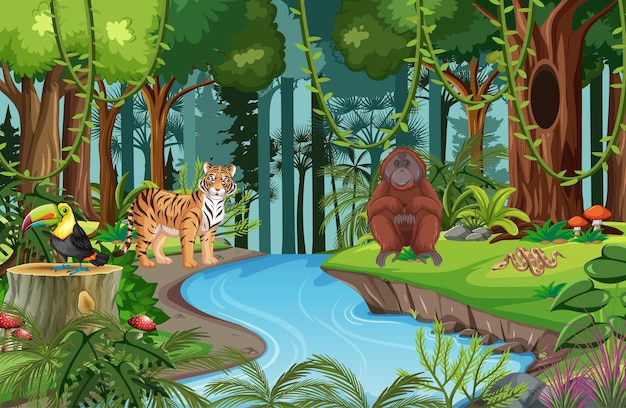 Nature scene with stream flowing through the forest with wild animals