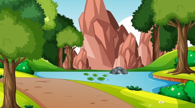 Бесплатное векторное изображение Сцена природы с ручьем, текущим через лес