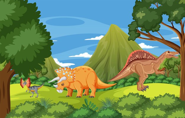 Сцена природы с деревьями в горах с динозавром