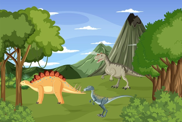 Nature scene with trees on mountains with dinosaur Premium Vector