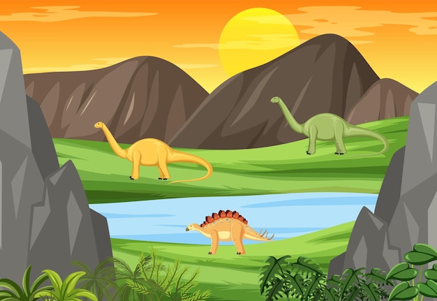 Free vector nature scene with trees on mountains with dinosaur