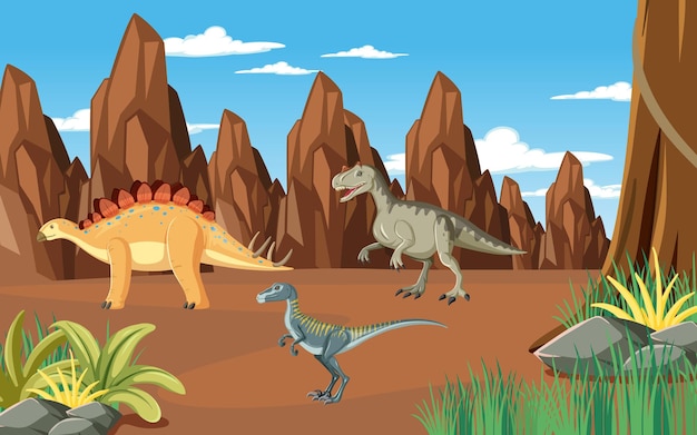 Free vector nature scene with trees on mountains with dinosaur