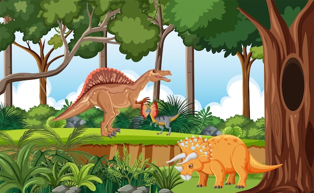 Free vector nature scene with trees on mountains with dinosaur