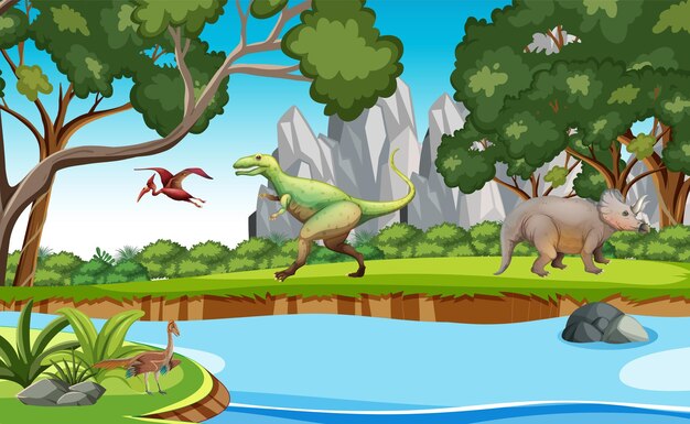 恐竜と山の上の木々と自然のシーン