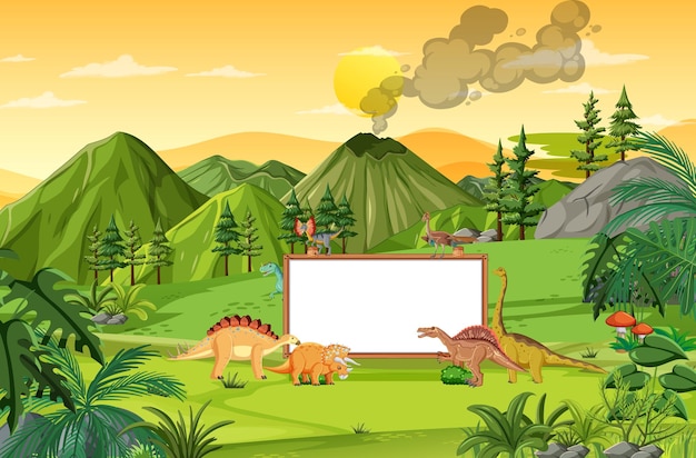 Free vector nature scene with trees on mountains with sign board and dinosau